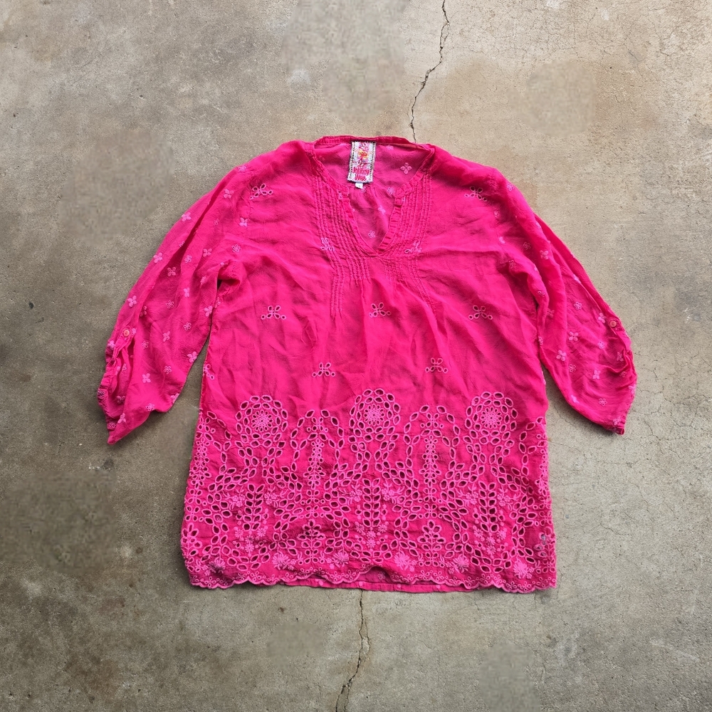 Johnny Was Pink Embroidered Floral Silk Blouse Boho Eyelet Long Sleeve S